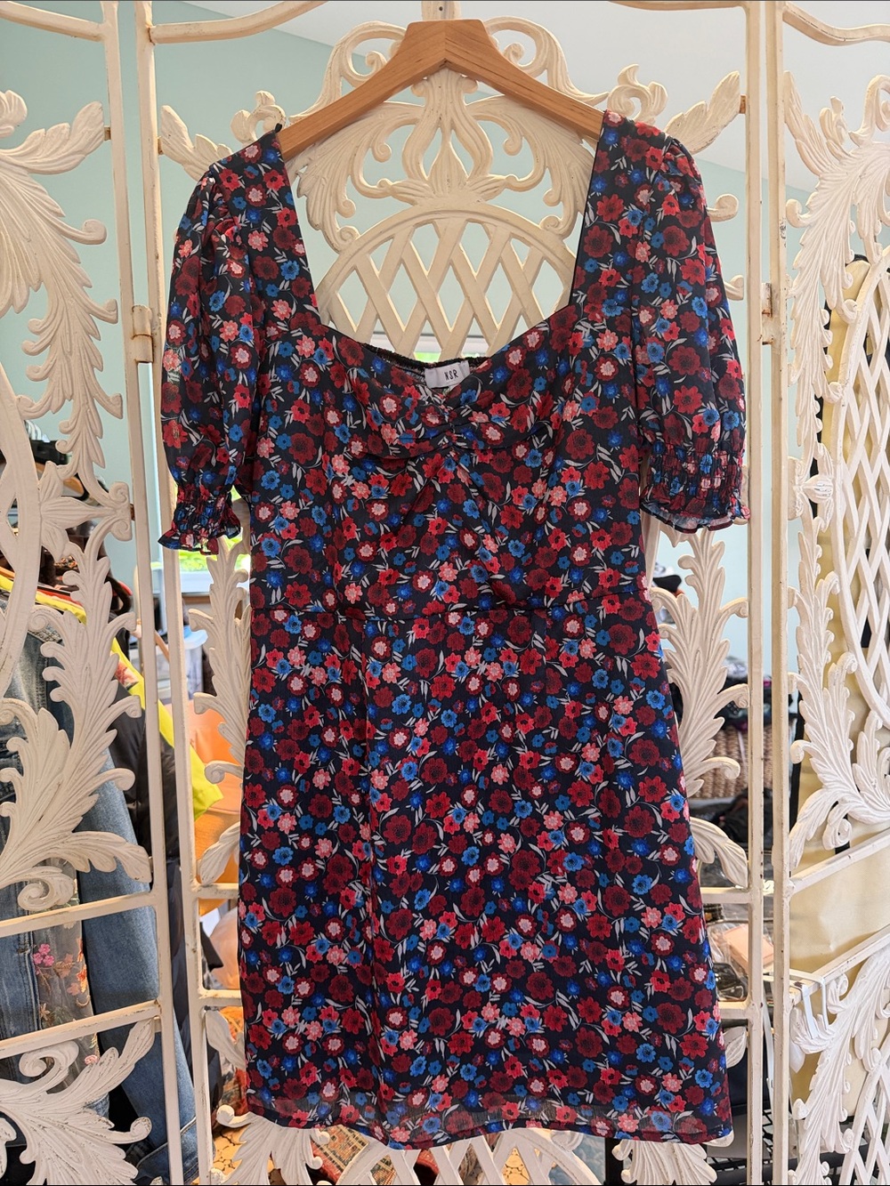 NSR Black Floral Mini Dress with Red & Blue Flowers